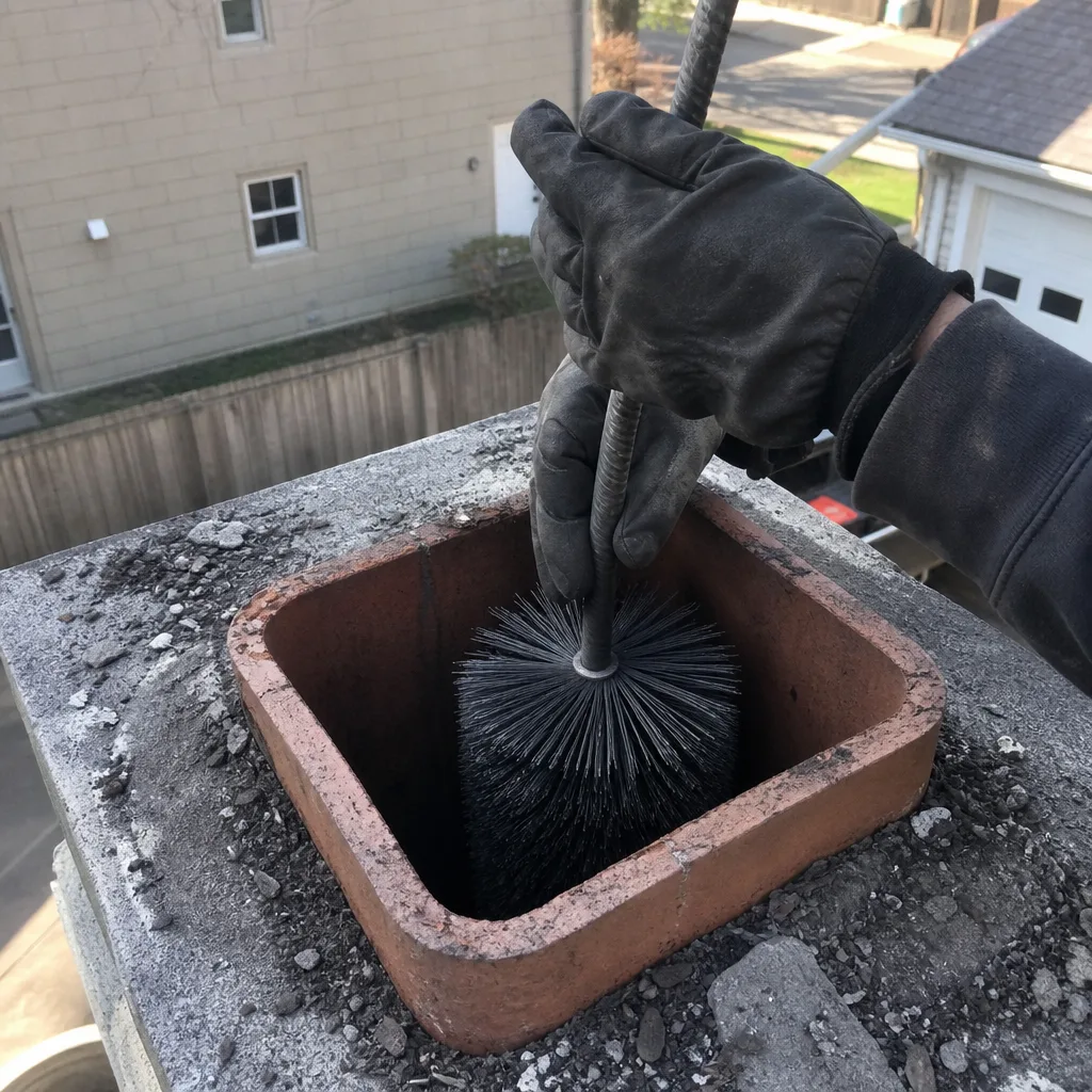 professional chimney sweep using a wire brush to clean a flue