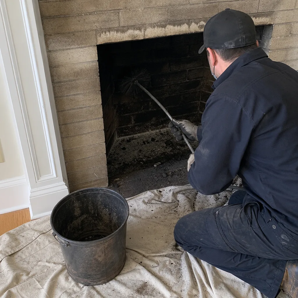 Professional chimney sweep cleaning a brick fireplace with a brush
