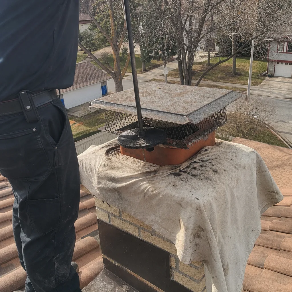 Professional chimney sweep cleaning a residential brick chimney on a roof