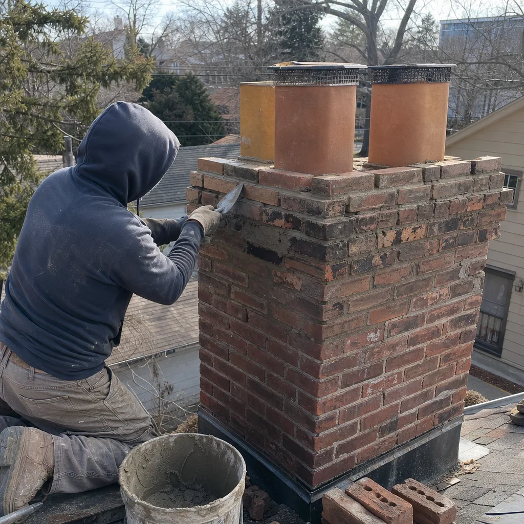 Professional construction worker performing chimney brick repair on a rooftop
