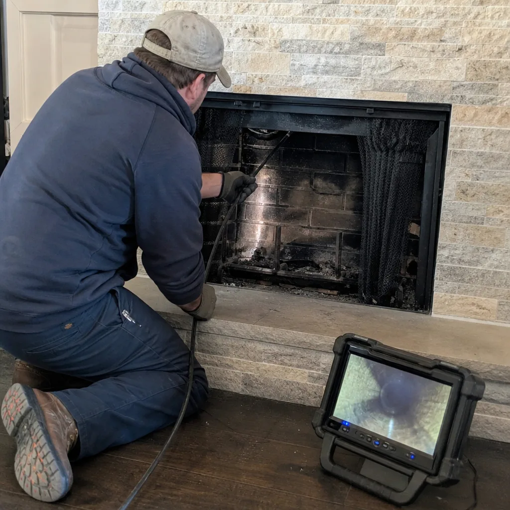 Technician performing a professional fireplace chimney inspection with a camera