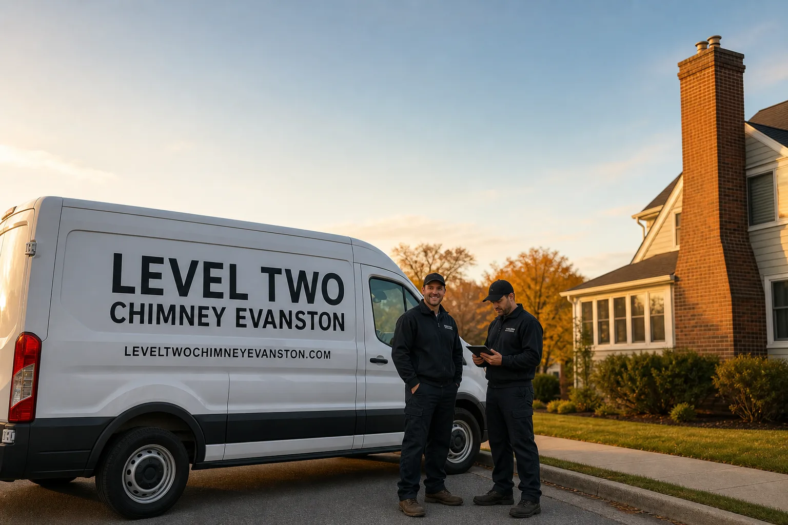 Level Two Chimney Evanston chimney cleaning service vehicle and crew in Evanston, IL